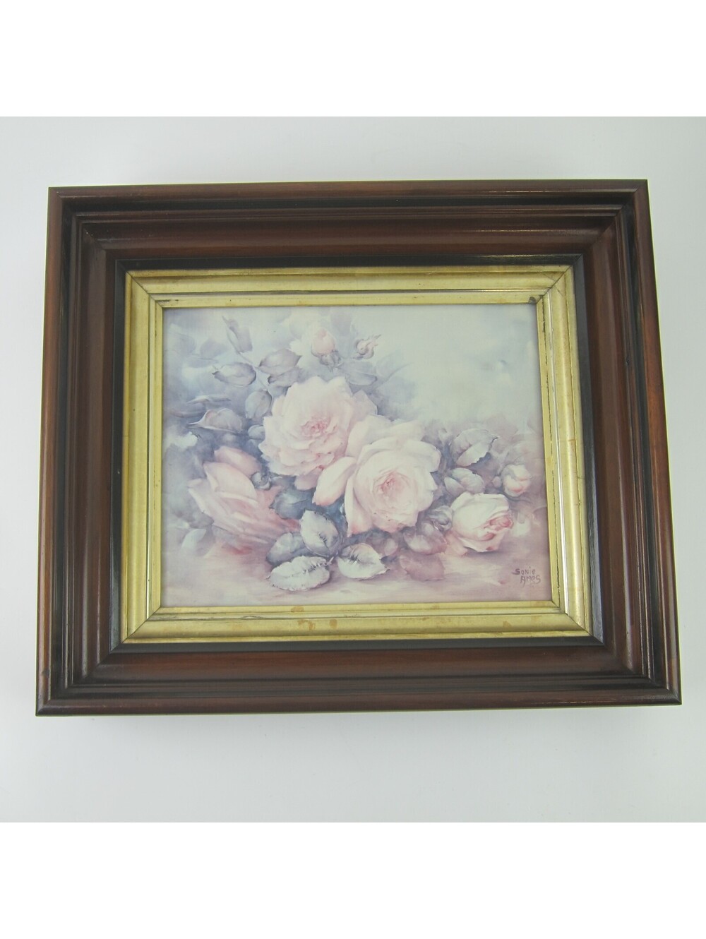 Antique Victorian Deep Picture Frame Wood Gold Gilt Vntg Sonie Ames Roses Print